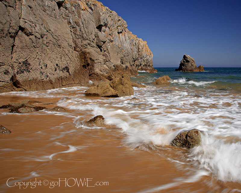 Beach, cliff and waves, Barafundle Bay, Pembrokeshire