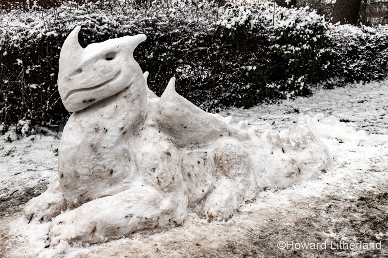 Snow dragon sculpture made from snow, Buckley, North Wales