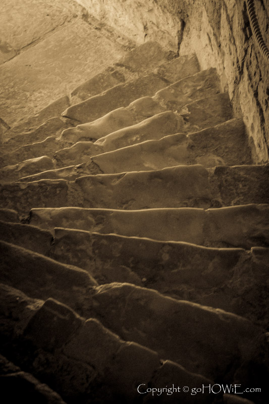 Stone spiral stairs inside Caernarfon Castle, North Wales