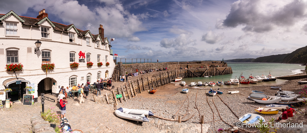 Panoramic view of Clovelly harbour on the north Devon coast, England