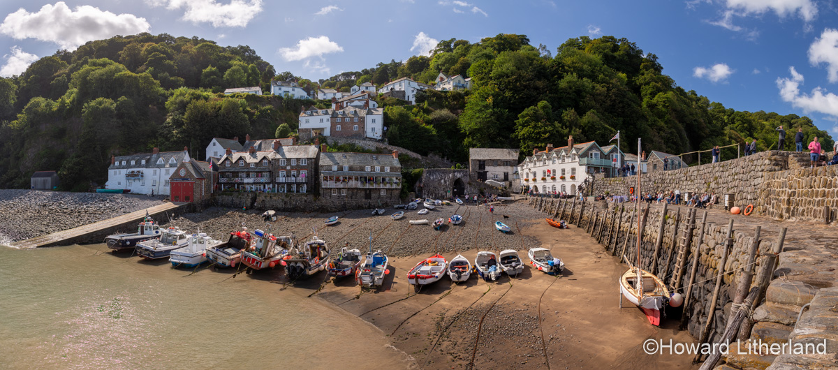 Panoramic view of Clovelly harbour on the north Devon coast, England