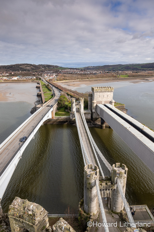 Road, rail and suspension bridges over the river Conwy, Conway, North Wales coast