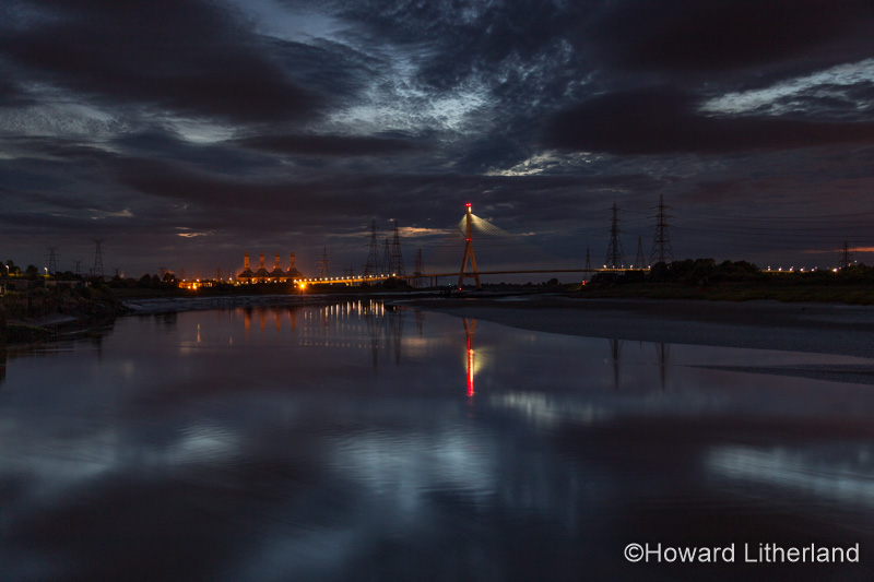 Connah's Quay power station and suspension bridge at night, Deeside, North Wales