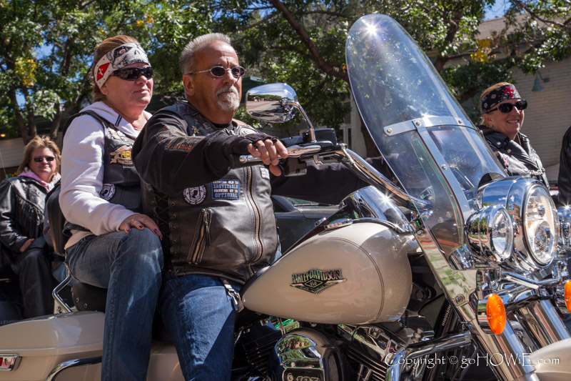 Harley Davidson motorbike and riders in Estes Park, Colorado, U.S.A.