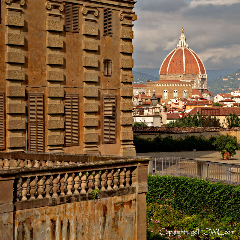 The Duomo with part of the Pitti Palace in the foreground, Florence, Italy. Viewed from the Boboli Gardens