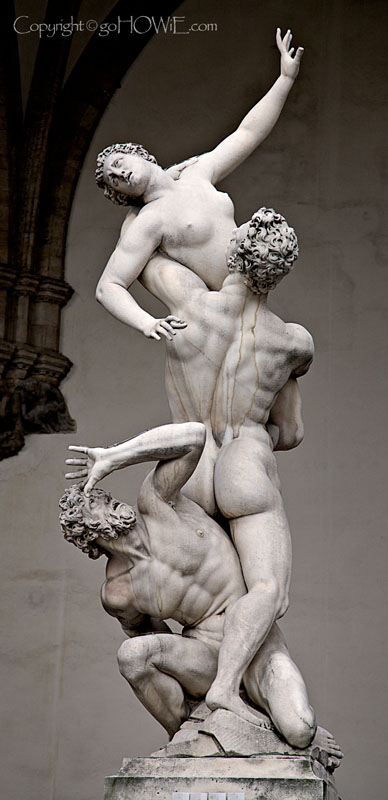 Front view of the statue by Giambologna entitled 'The Rape of the Sabine Women', situated in the Piazza della Signoria, Florence, Italy