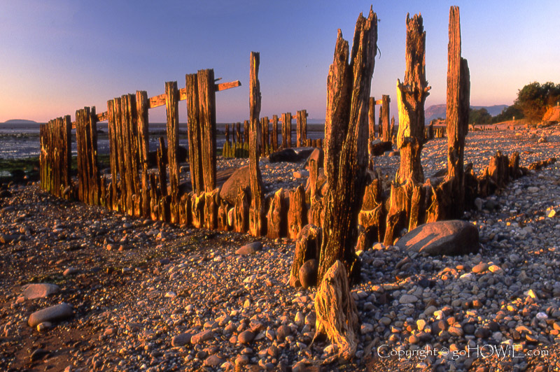 Decaying groynes on the beach at Afon ogwen on the North Wales coast