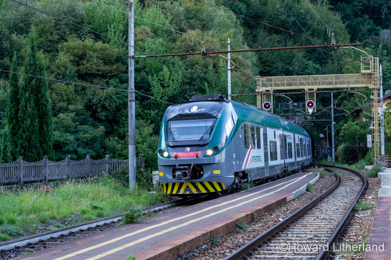 Internord train arriving at Varenna station on Lake Como in northern Italy