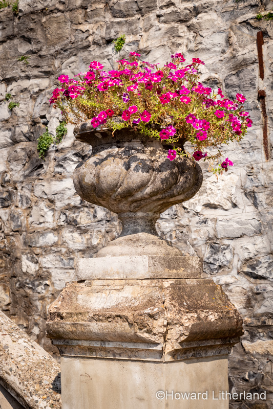 Urn and flowers at Villa Monastero and gardens near Varenna on Lake Como, Italy