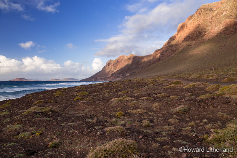 Volcanic lava coastline and cliffs at Famara on the Atlantic coast of Lanzarote in the Canary Islands