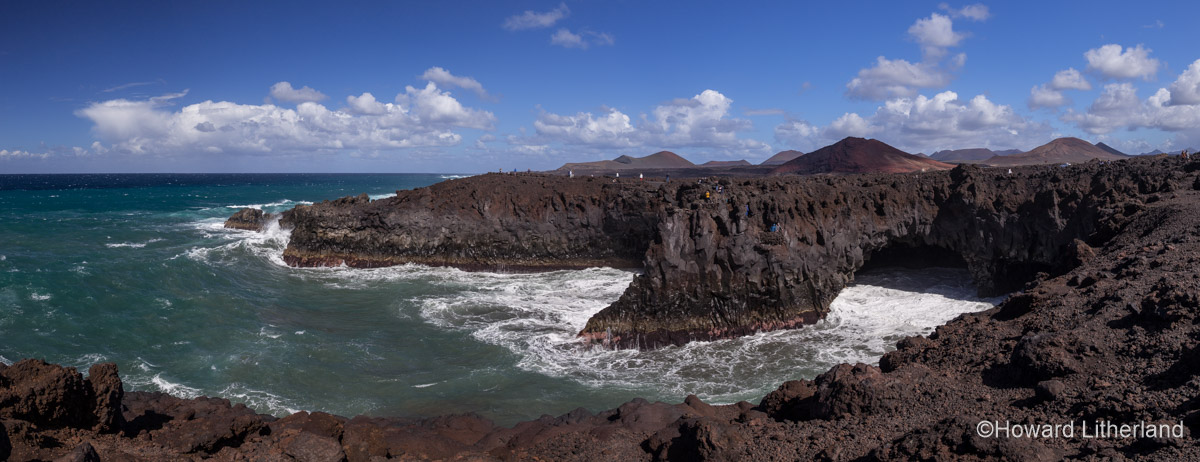 Panoramic view of the volcanic coastline at Los Hervidos in Lanzarote in the Canary Islands