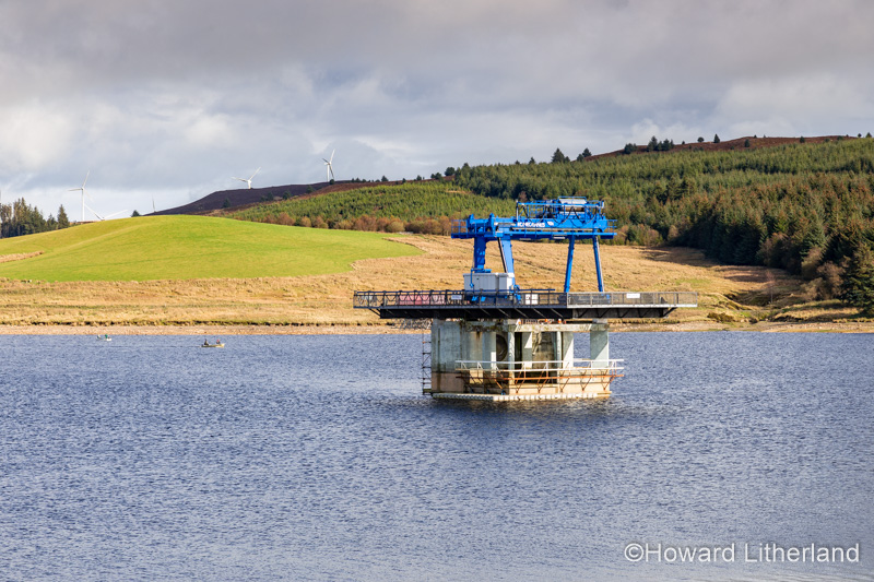 Crane operated drawdown at Llyn Brenig reservoir, North Wales