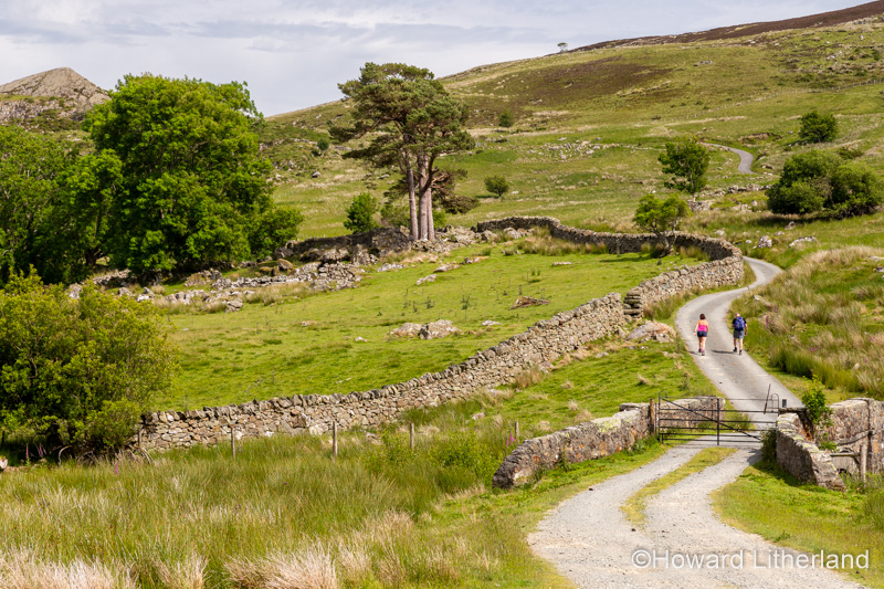 Couple hiking up a winding road at Llyn Cowlyd, Snowdonia, North Wales