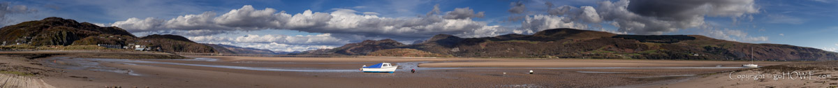 Panoramic image of the Mawddach estuary at low tide, viewed from Fairbourne on the Mid Wales coast