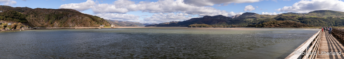 Panoramic view up the Mawddach Estuary from Barmouth railway bridge on the welsh coast