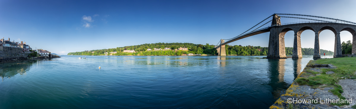 Panoramaic view of the Menai Straits on the North Wales coast, including the Telford suspension bridge