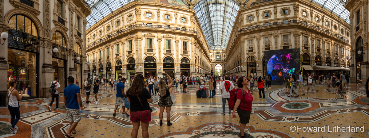 Panoramic image of the inside of the Galleria Vittorio Emanuele II shopping mall in Milan, Italy