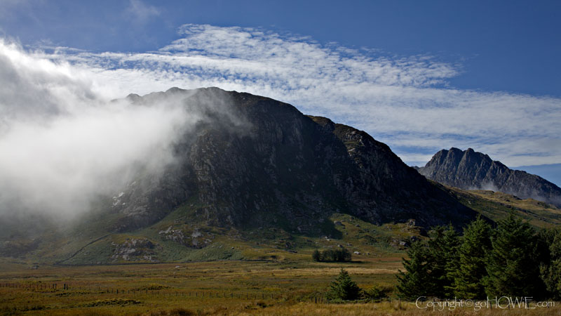 Mist on the mountain slopes in the Ogwen valley, Snowdonia, North Wales, with Tryfan in the background