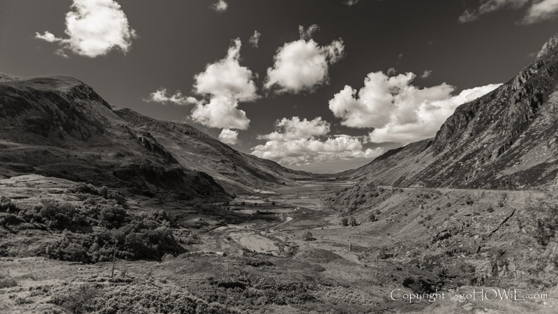 The Nant Ffrancon valley with cumulus clouds, looking north towards the coast, Snowdonia National Park, North Wales