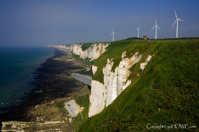 Chalk cliffs and wind turbines at Fecamp, Normandy, France