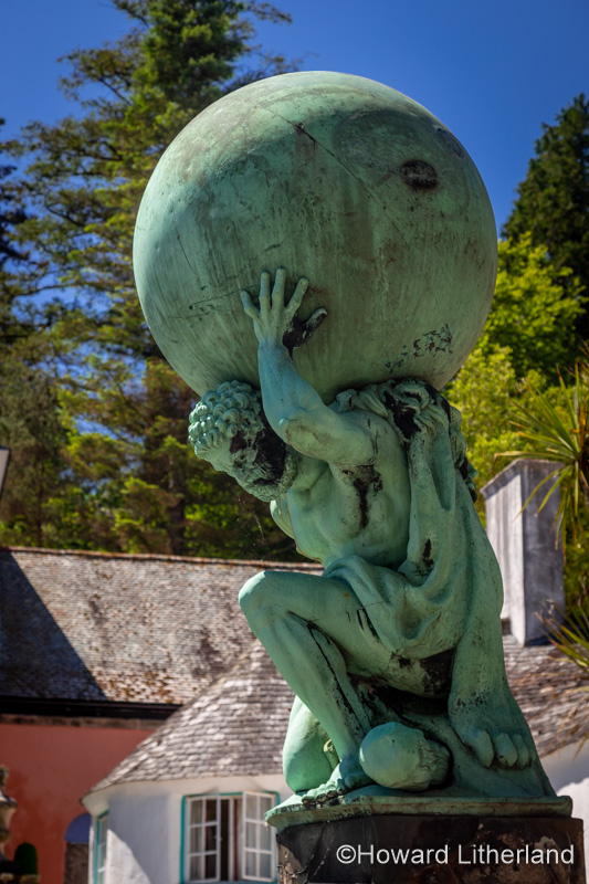 Statue of Atlas at Portmeirion Italianate village, North Wales