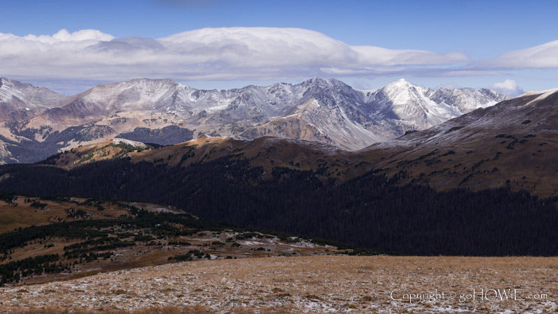 Rocky Mountains with a light covering of snow, viewed from the Trail Ridge Road in the Rocky Mountain National Park, Colorado, U.S.A.