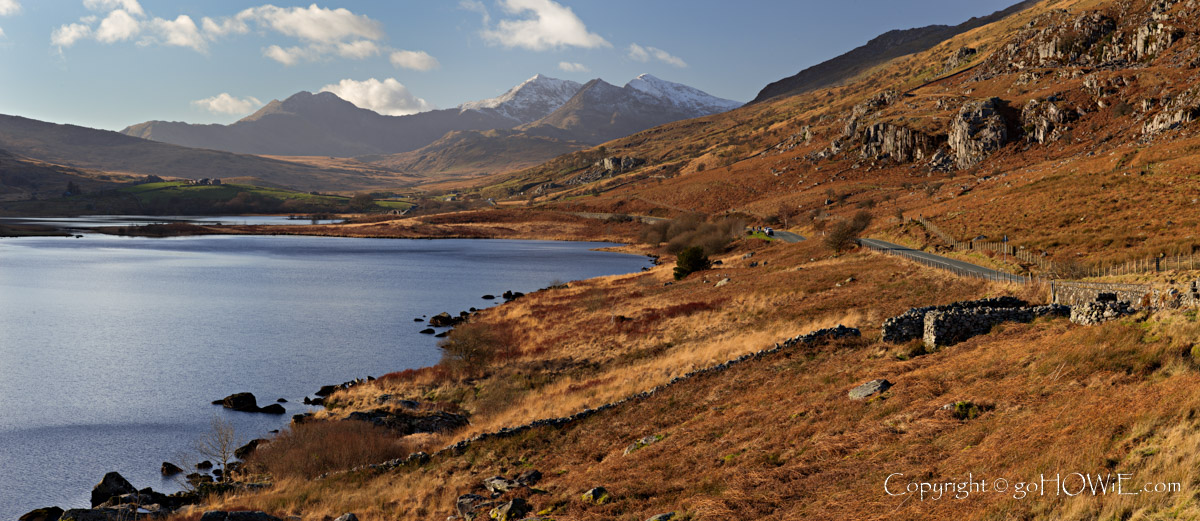 Panoramic image of Llyn Mymbyr and the Snowdon Horseshoe, Snowdonia National Park, North Wales