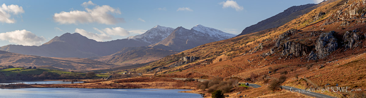 Panoramic image of the Snowdon Horseshoe from Llyn Mymbyr, Snowdonia National Park, North Wales