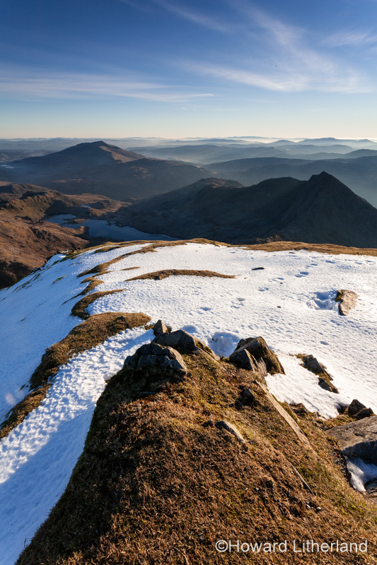 Snowdonia mountains in haze from the summit of Snowdon, North Wales