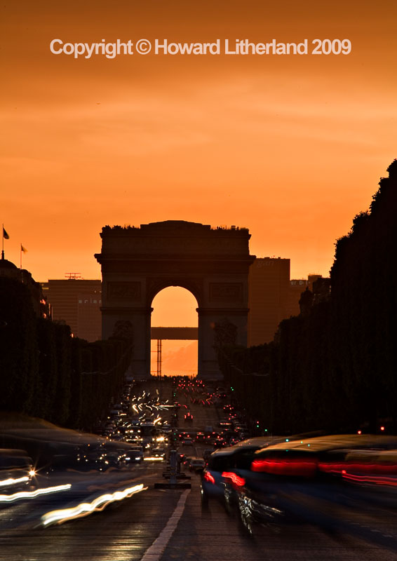 Traffic trails and the Arc de Triomphe, Paris, France