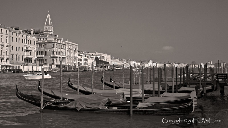 Gondolas moored on the Grand Canal, Venice, Italy