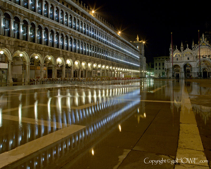 Saint Mark's Square, Venice, Italy, at night during a high tide flood